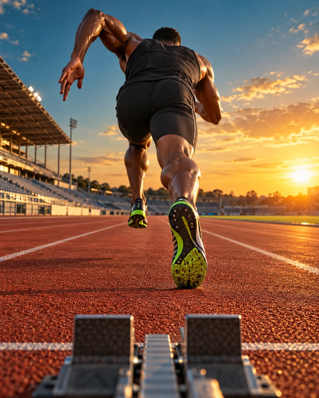 Sprinter accelerating from starting blocks on a sunlit stadium track