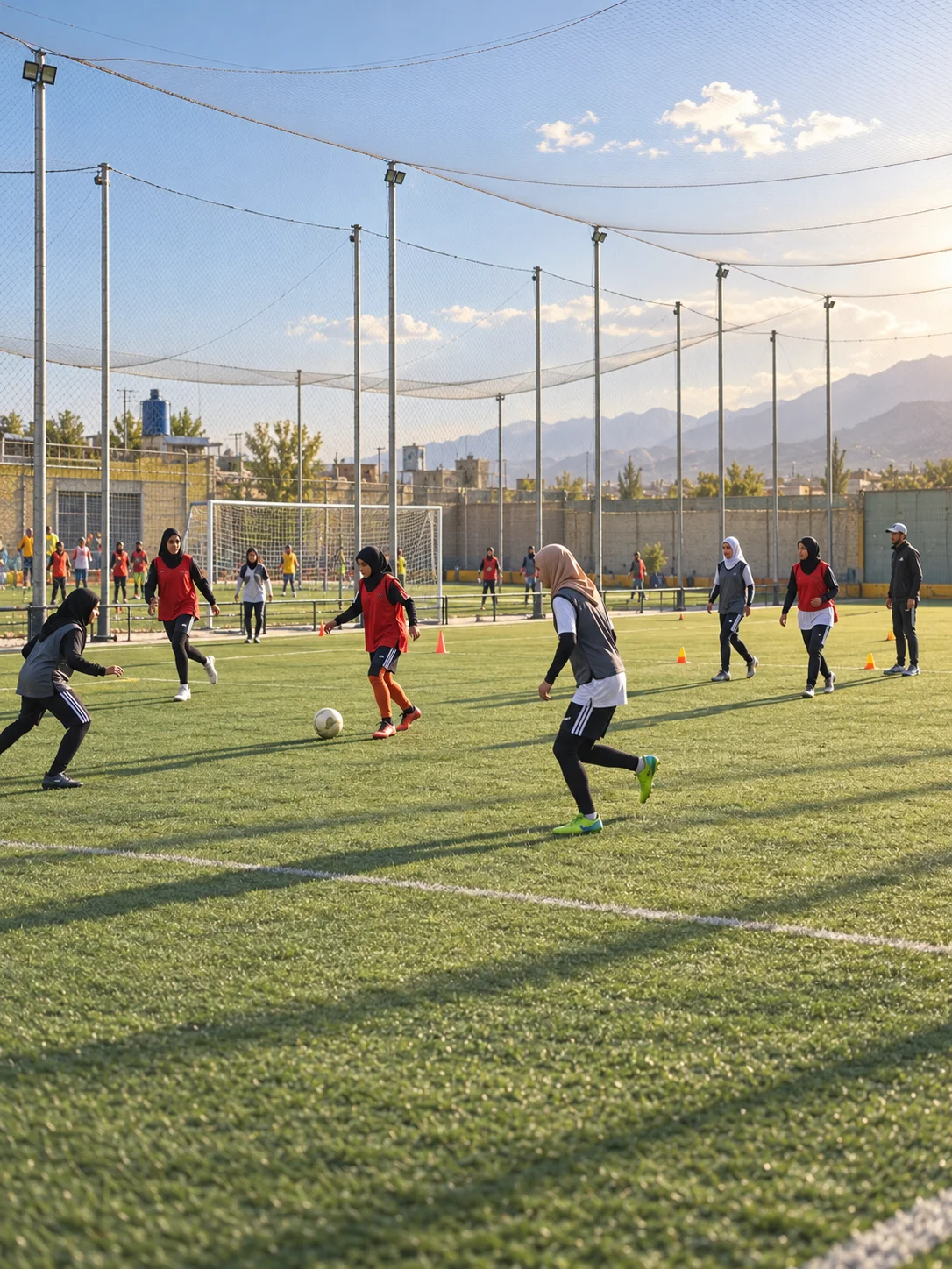 Football academy group training on an enclosed outdoor turf pitch